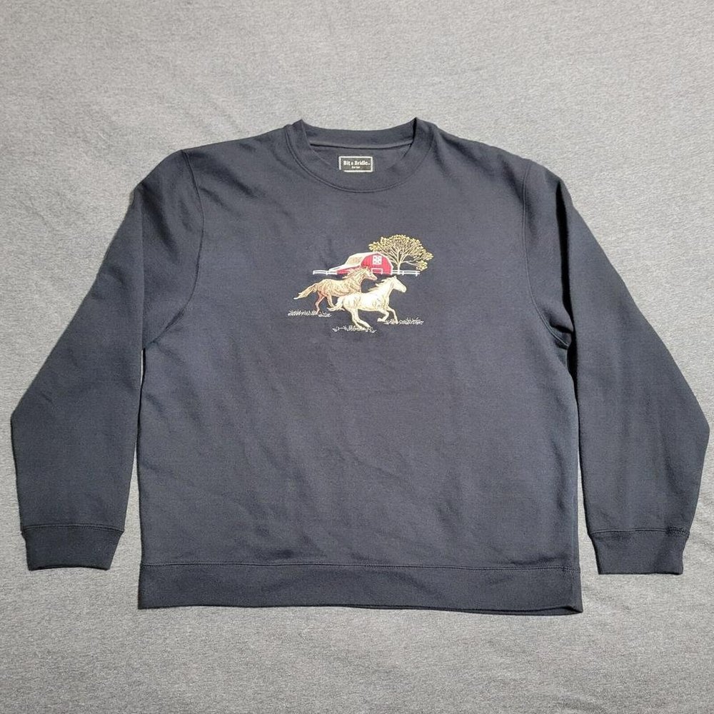 Bit & Bridle Horse Farm Embroidered Black Sweatershirt - Women's XL - Vintage